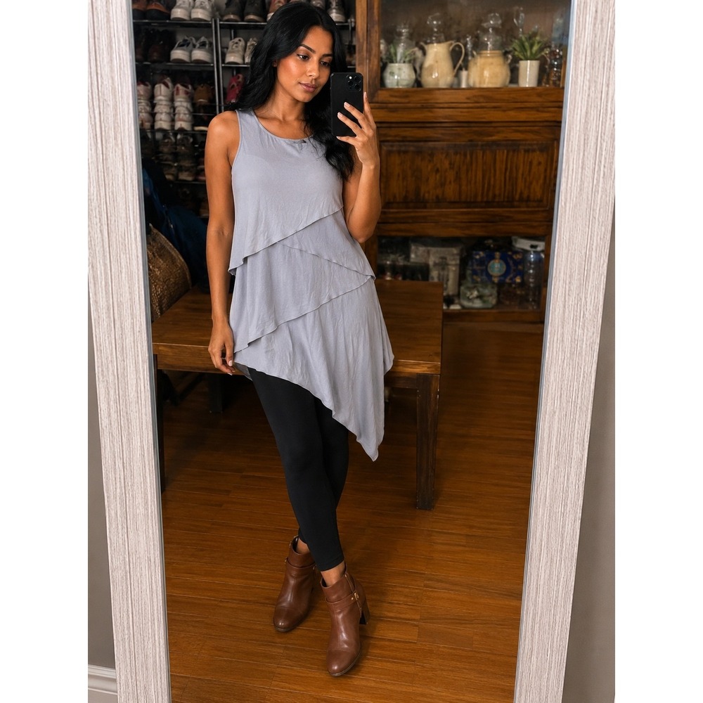 BCBG‎ MAXAZRIA Women Small Gray Asymmetrical Layered Sleeveless Round Neck Tunic